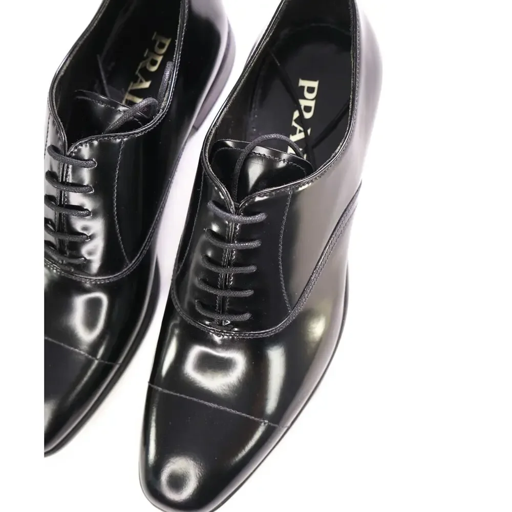 $980 PRADA- Leather Spazzolato Oxfords W Logo Inset Heel 7US